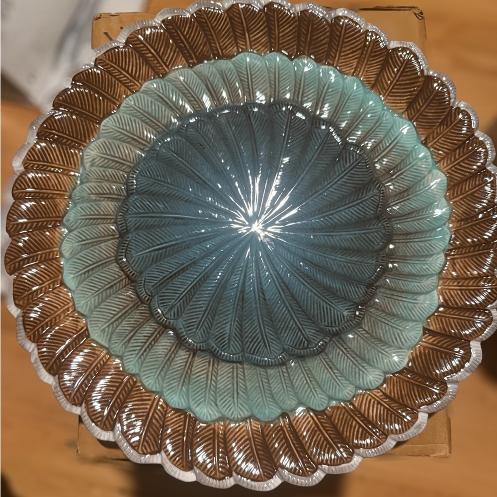 Blue and Brown Radial Serveware Plate with Scalloped Edge
